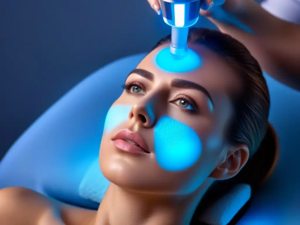 Terapia de Luz para Depilación y Acné: Detalles Impactantes Sesión de fotodepilación y acné: cuidados recomendados, paciente relajada bajo luz azul, dermatólogo preciso