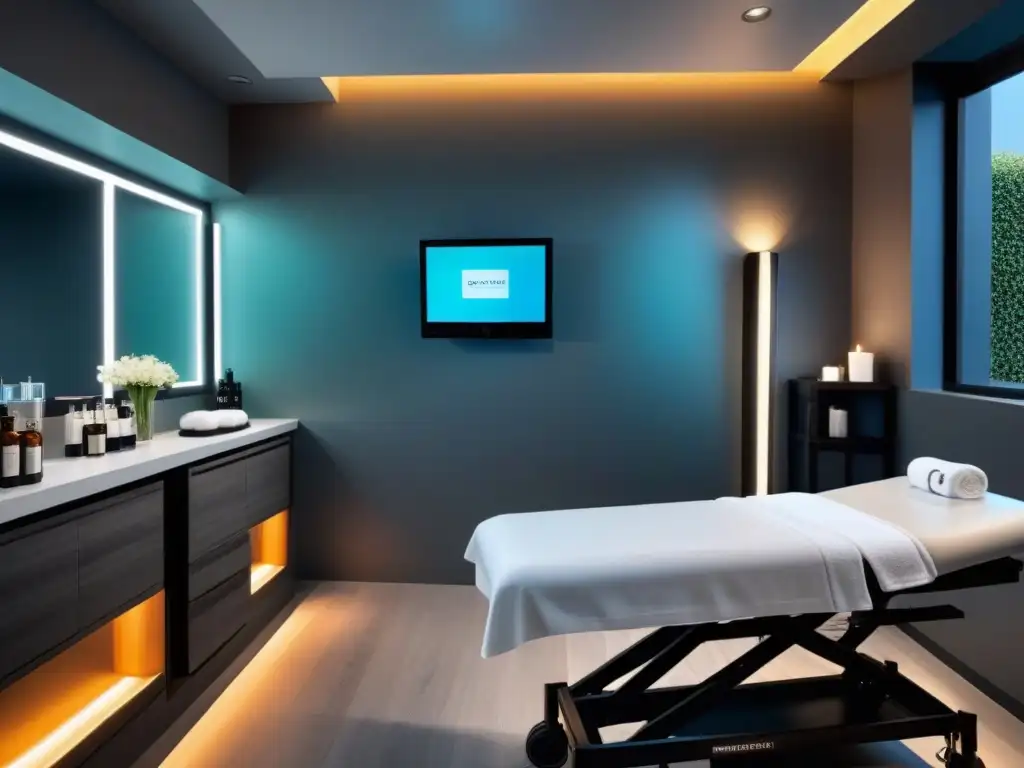 Preparación profesional de esteticista en spa relajante Un ambiente sereno en un spa, con luz suave y una esteticista preparando su estación de trabajo para un tratamiento de depilación con cera en 5 pasos