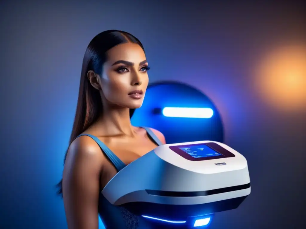 Maquina láser de depilación de última generación en ambiente futurista Avances en depilación láser reducen costos: máquina de alta tecnología emitiendo luz azul en un entorno futurista y minimalista