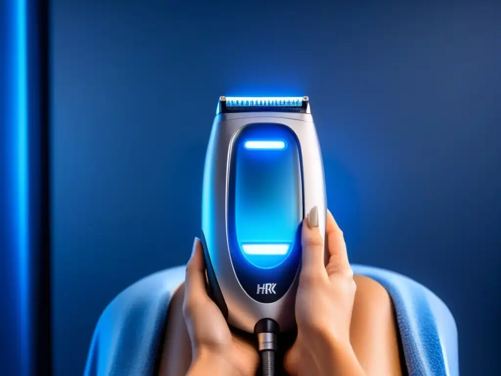 Innovador dispositivo láser para depilación en salón de alta tecnología Avances tecnológicos en depilación: dispositivo futurista con superficies metálicas brillantes y tecnología láser avanzada en salón de alta tecnología