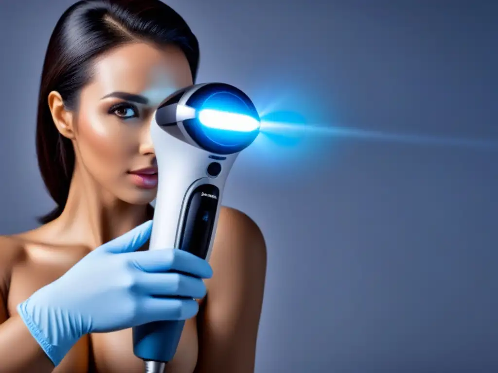 Depilación láser de precisión: tecnología moderna para una piel suave Avanzada depilación: dispositivo láser en acción, iluminando la piel con luz azul, resaltando la precisión y efectividad