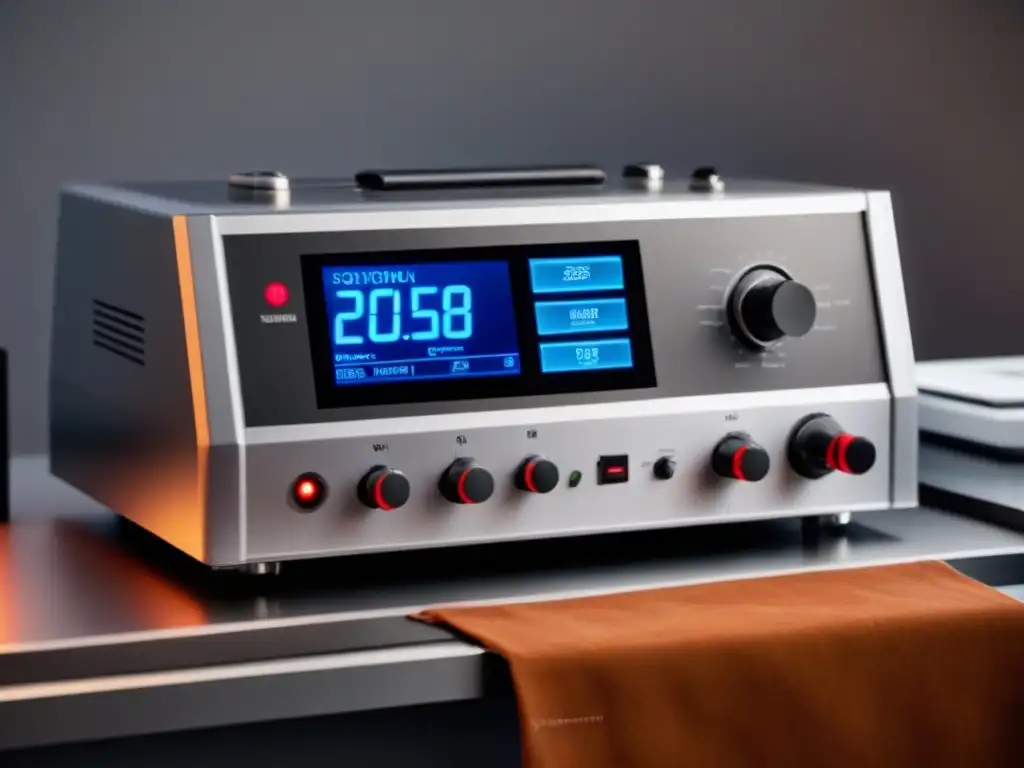 Avanzada máquina de electrólisis con diseño futurista y ajustes digitales, rodeada de instrumentos científicos