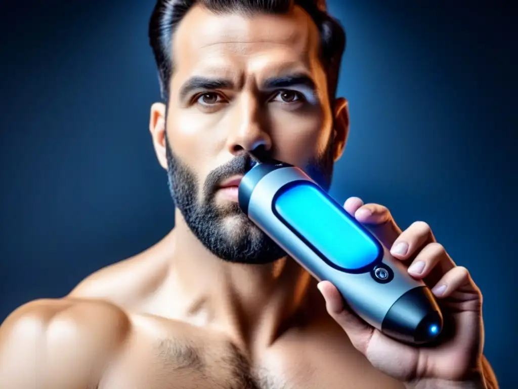 Avanzada tecnología de depilación masculina métodos efectivos: dispositivo láser futurista en negro mate con pantalla y luz azul suave