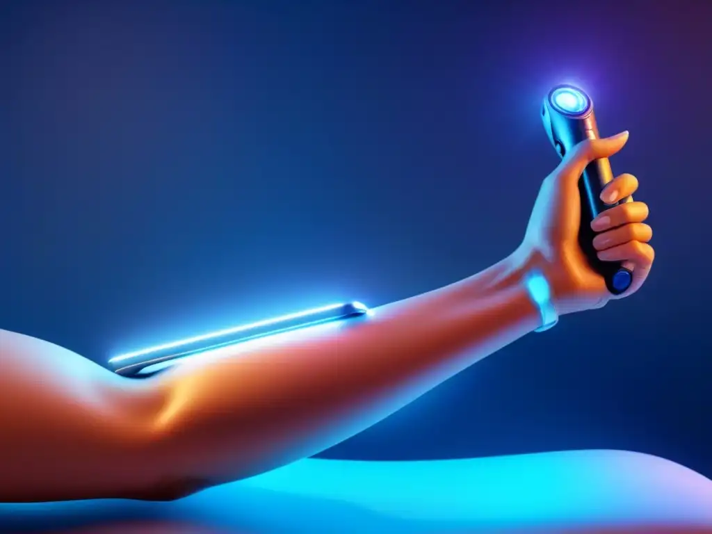 Robótica depilación láser: precisión futurista en 8k Un avanzado brazo robótico con tecnología láser realiza depilación precisa en un brazo humano en un entorno clínico de alta tecnología