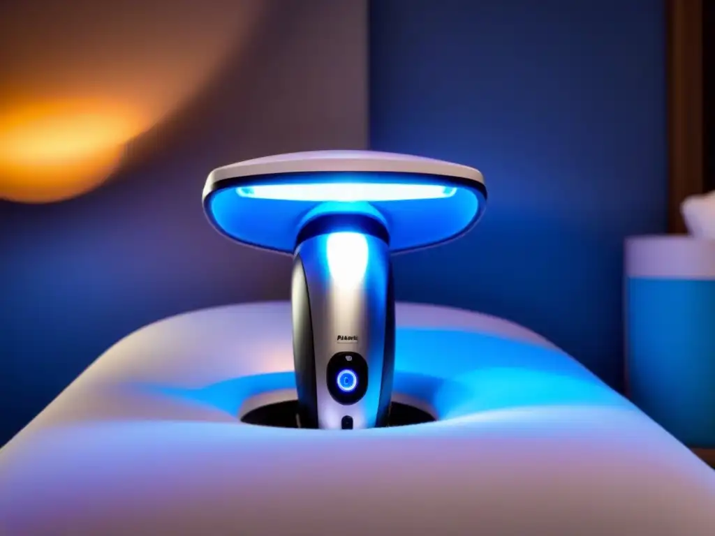 Fotodepilación: innovación y precisión en spa Avanzado dispositivo de fotodepilación emitiendo luz azul en un spa lujoso