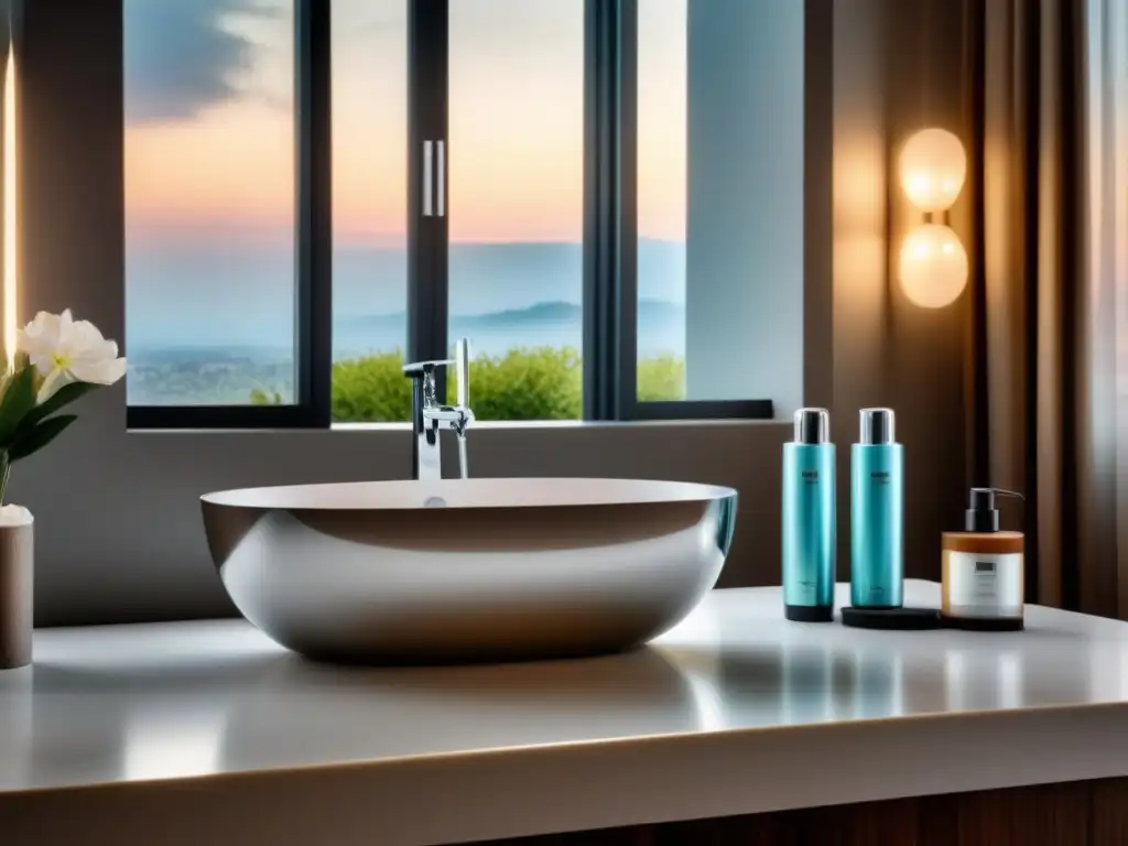 Baño moderno con herramientas de depilación de lujo Baño moderno con herramientas depilación organizadas en mármol