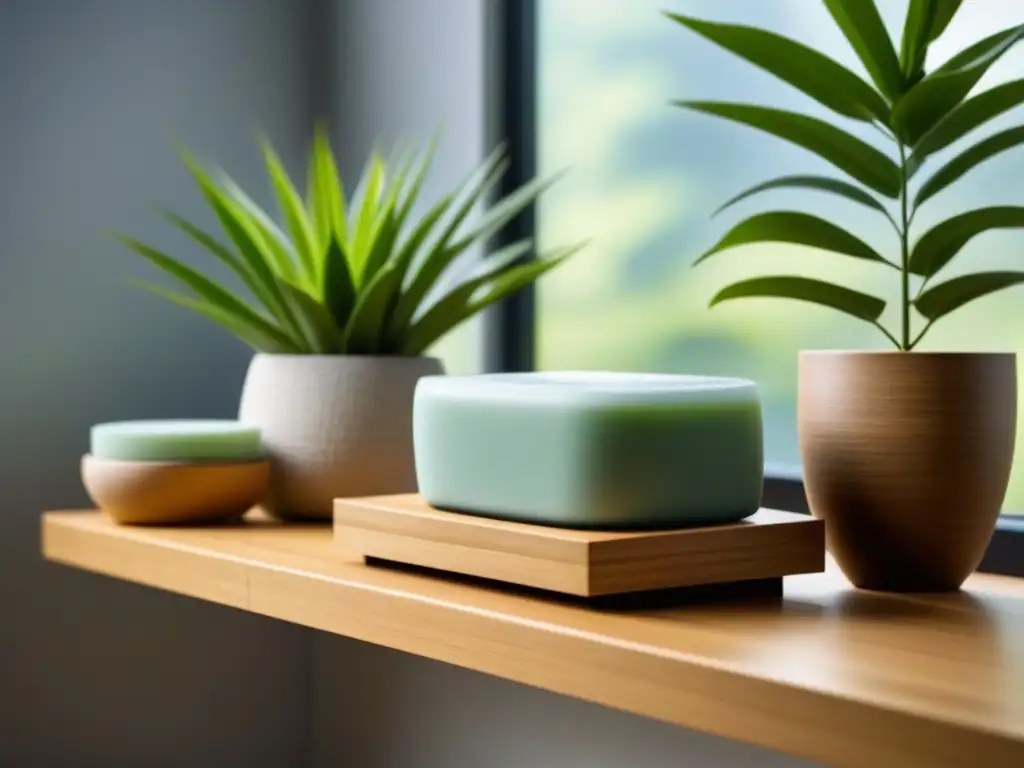 Baño ecofriendly con productos depilatorios sostenibles Un baño moderno con productos de depilación sostenible y ecológica en estantes de bambú, iluminado por luz natural