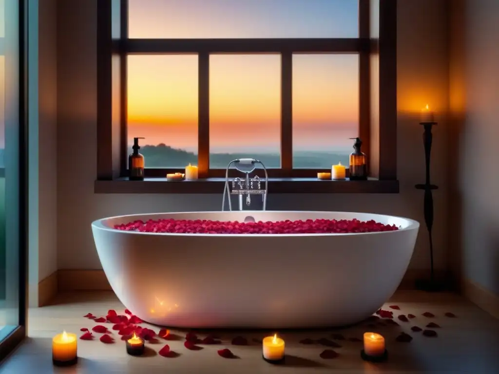 Baño relajante con pétalos de rosa y velas Un baño relajante con bañera, pétalos de rosa, velas y remedios caseros ardor postdepilatorio