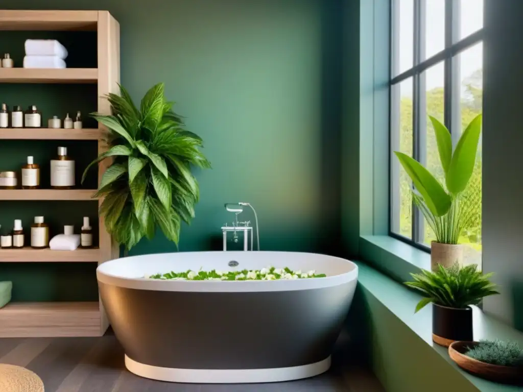 Spa en casa: baño relajante con plantas y productos naturales Un baño sereno y soleado, repleto de plantas verdes y productos para el cuidado de la piel, invita a una rutina de depilación y cuidado de la piel