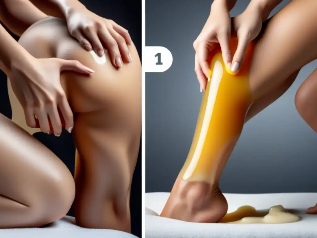 Comparación cera caliente vs fría: detalle profesional Comparativa cera caliente cera fría: Esteticista aplica cera caliente y fría en pierna, mostrando diferencias visuales y reacciones