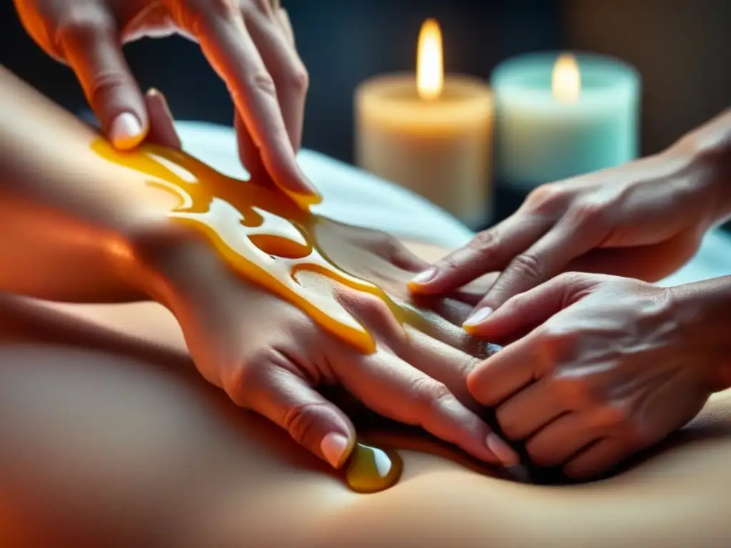 Contraste de cera caliente y fría: manos en spa Comparativa cera caliente cera fría: Dos manos en tratamiento de cera, una con cera caliente y la otra con cera fría en un spa profesional