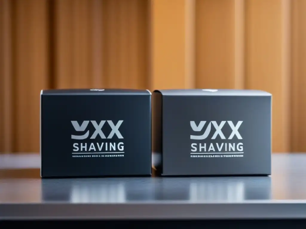 Comparativa suscripciones afeitado online: Tres cajas elegantes en un moderno mostrador, luces suaves realzan su exclusividad y refinamiento