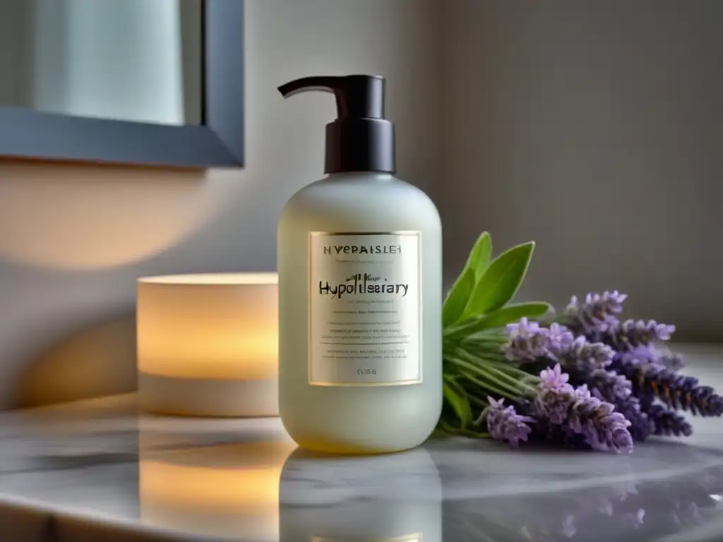 Crema depilatoria hipoalergénica: serenidad en el baño Crema depilatoria hipoalergénica para piel atópica en elegante baño con luz suave y plantas relajantes