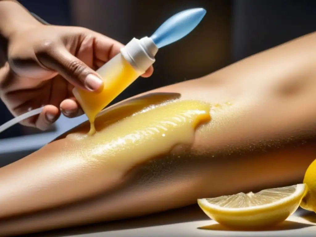 Delicada depilación natural con harina de garbanzo en brazo, detallando la aplicación de la pasta casera con ingredientes naturales