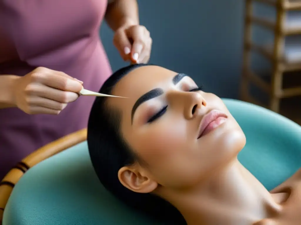 Depilación con hilo: Técnica ecofriendly en un entorno sereno Una depilación con hilo ecológica en un ambiente sereno y sostenible, con mobiliario de bambú y una esteticista experta