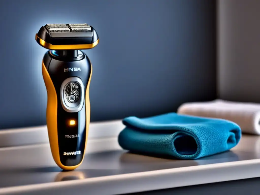 Maquinilla eléctrica para piel sensible: diseño premium y tecnología avanzada Depiladora eléctrica para pieles atópicas en baño minimalista con luz suave
