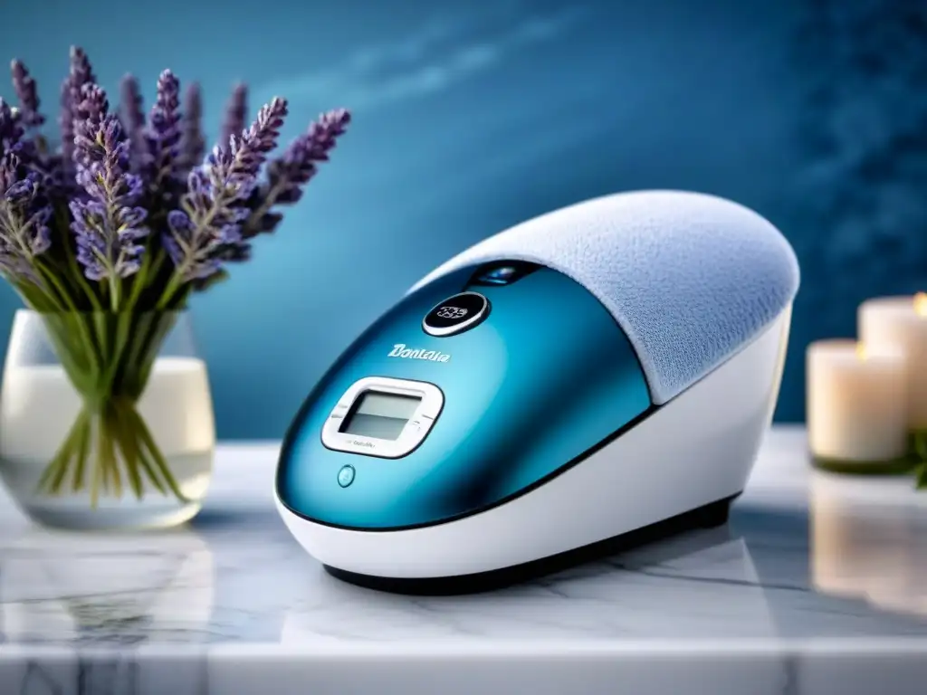 Depiladora láser de diseño moderno para piel sensible en entorno lujoso Una depiladora láser para piel sensible, en un elegante baño con tonos suaves y relajantes