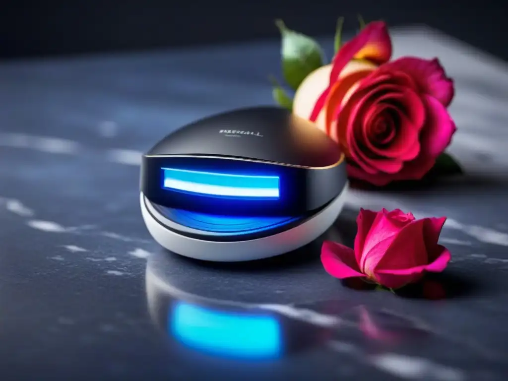 Depiladora láser para piel sensible: tecnología avanzada y diseño elegante Una depiladora láser para piel sensible en un entorno lujoso y sofisticado con pétalos de rosa