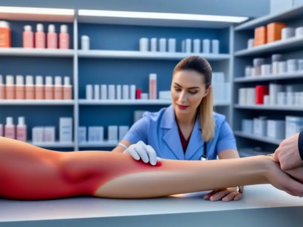 Examen dermatológico detallado de piel atópica Dermatólogo examinando piel atópica con crema depilación hipoalergénica en clínica moderna