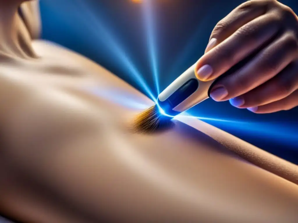 Detallada imagen de depilación láser en acción, mostrando precisión y tecnología en sesiones necesarias