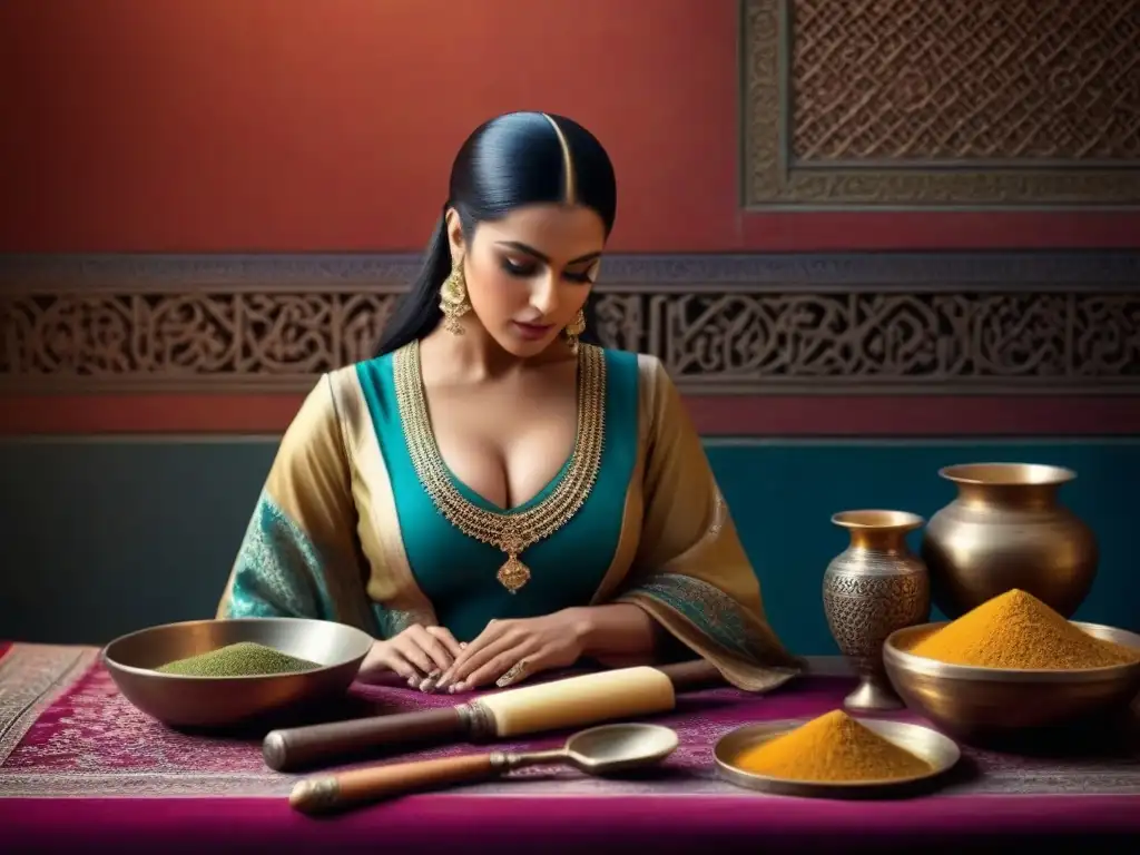 Depilación en Persia: métodos ancestrales en ilustración moderna Ilustración detallada de métodos de depilación en Persia: cera, azúcar y depilación con hilo, con patrones y colores persas