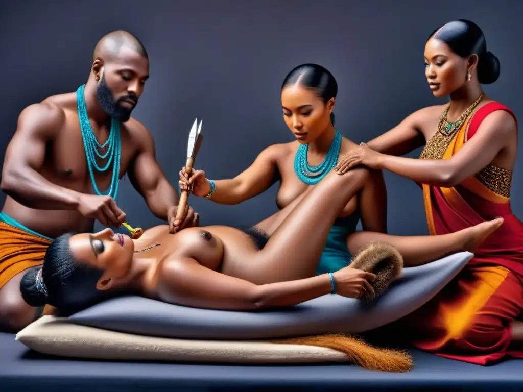 Rituales ancestrales de depilación: una ilustración detallada y vibrante Ilustración detallada y moderna de rituales de depilación en culturas ancestrales, resaltando la espiritualidad y significado detrás de esta práctica