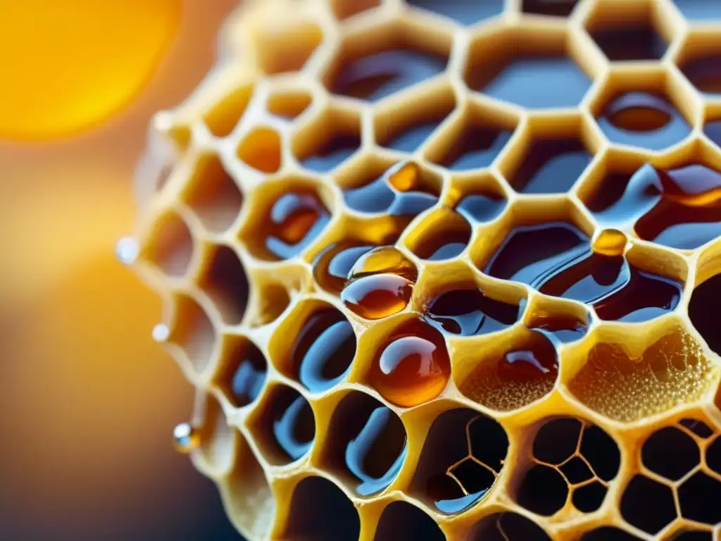 Detalle dorado de un panal goteando miel ámbar, resaltando su textura pegajosa y brillo natural