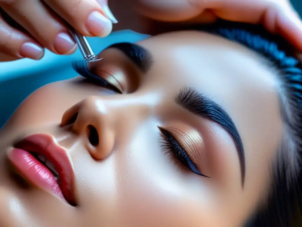 Depilación con hilo: detalle y precisión en cejas arqueadas Detalle impresionante de depilación con hilo ecológica en cejas arqueadas, manos habilidosas y ambiente sereno de spa