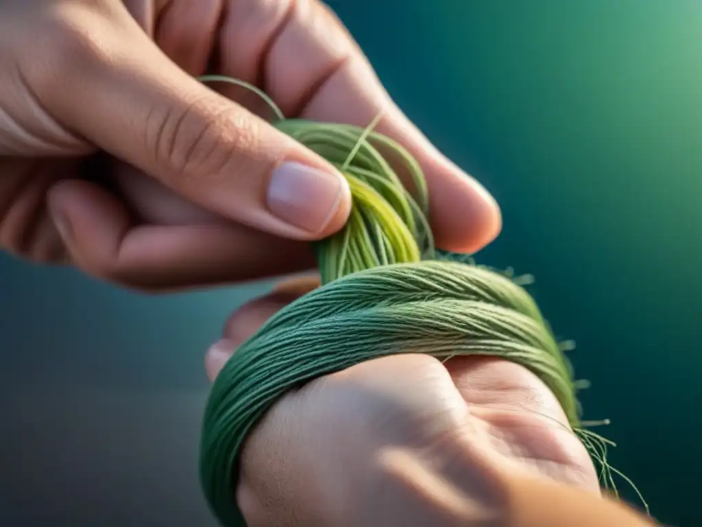 Hilo ecológico para depilación: detalle ultrafino y sostenible Detalle de mano sosteniendo hilo ecológico para depilación con un diseño geométrico, ideal para práctica ecoconsciente