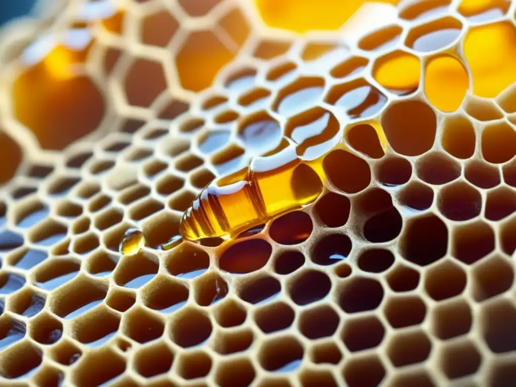 Detalle de panal dorado con miel goteando, reflejando la luz del sol