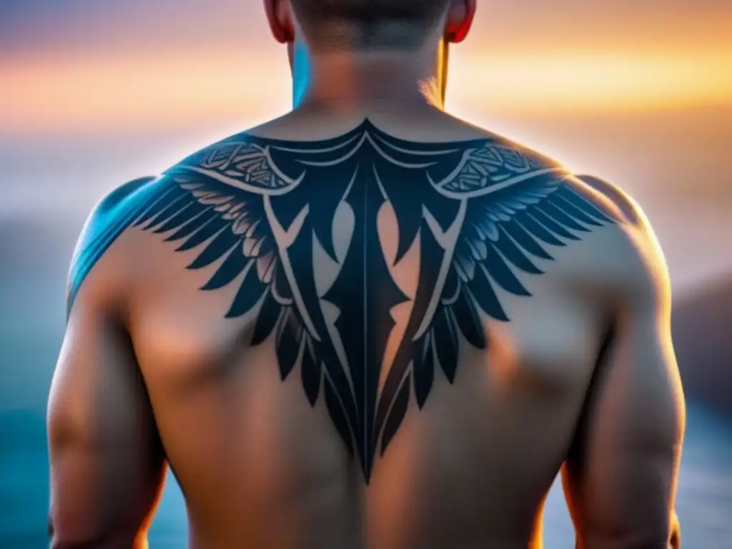 Tatuaje vibrante: detalle meticuloso en la piel Detalle vibrante de un tatuaje recién hecho en la espalda de un hombre, con colores intensos y líneas intrincadas