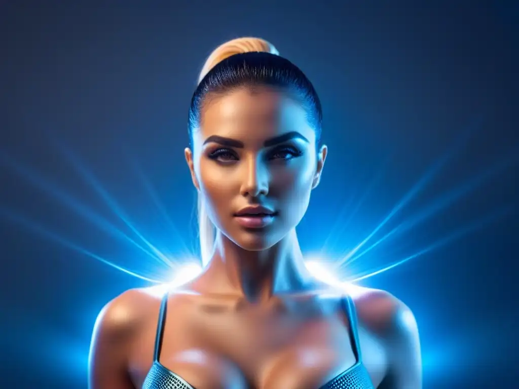 Dispositivo futurista de depilación láser innovadora Un dispositivo de depilación futurista con tecnología láser avanzada, rodeado de datos digitales y luz azul