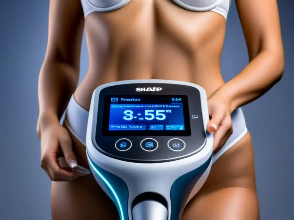 Máquina futurista de fotodepilación con tecnología láser avanzada Dispositivo de fotodepilación sin dolor con pantalla digital para ajustes personalizados, en fondo blanco