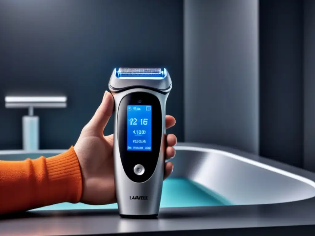 Dispositivo de foto depilación de alta tecnología en baño futurista Dispositivo futurista de fotodepilación casera con tecnología avanzada y láseres, en un baño moderno y minimalista