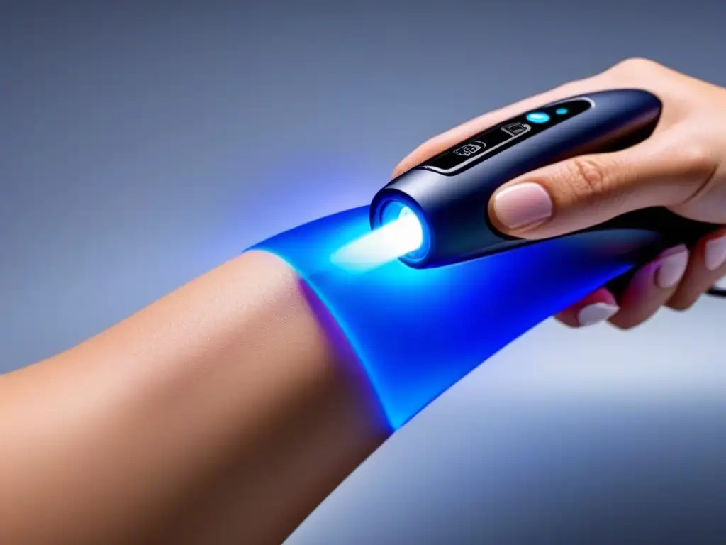 Dispositivo futurista de fotodepilación cuidado piel con láser azul de alta precisión sobre piel, en fondo blanco