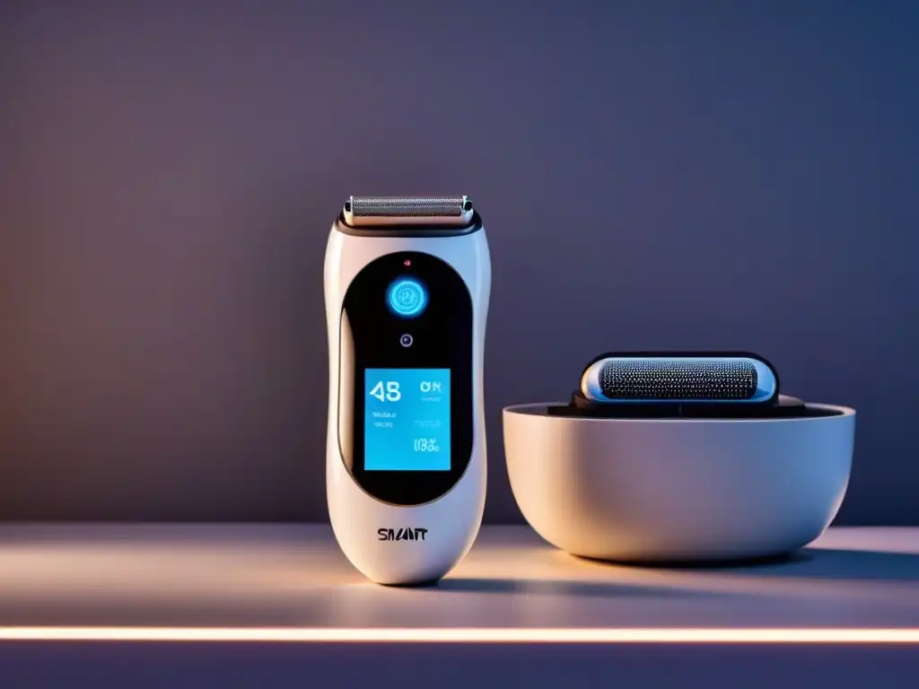 Aparato futurista de depilación inteligente en baño minimalista Un dispositivo futurista para depilación inteligente en un baño minimalista y sofisticado