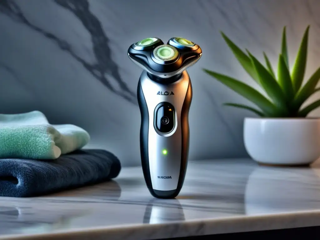 Un dispositivo de depilación eléctrico moderno en un elegante entorno de mármol con accesorios, destacando su diseño y tecnología avanzada