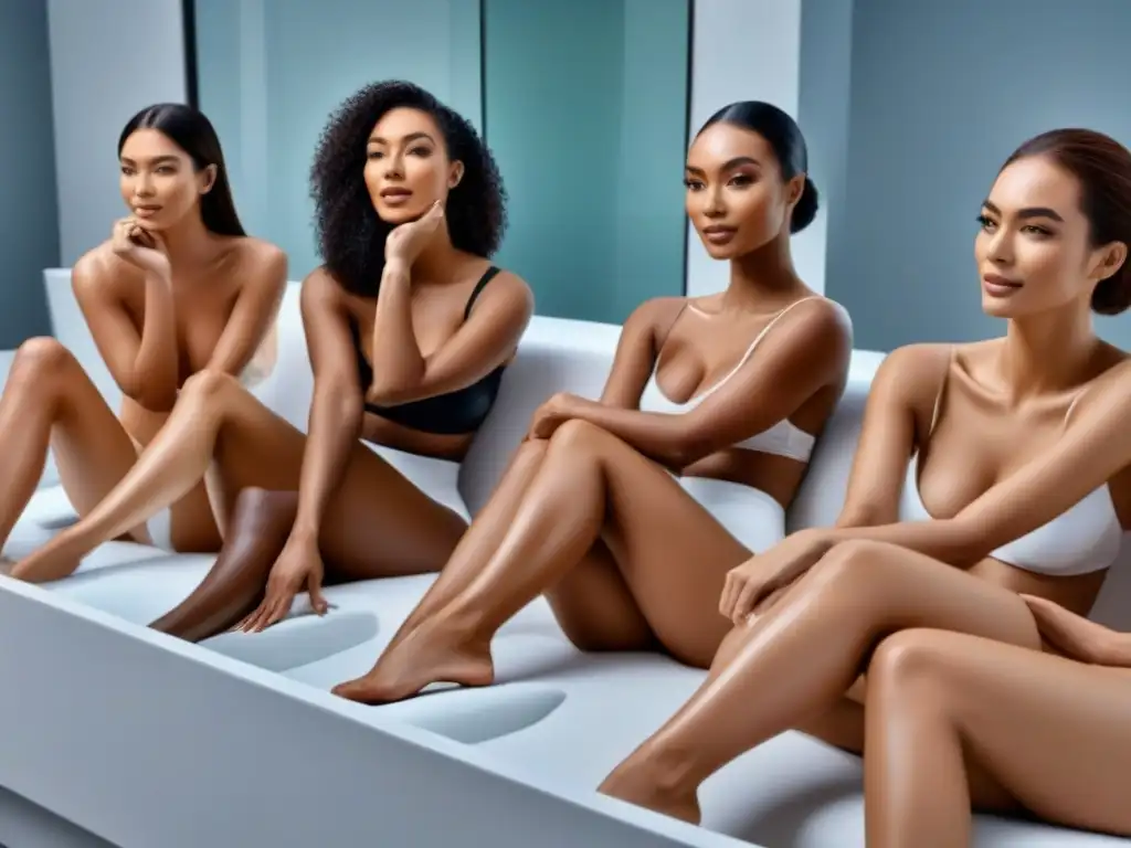 Imagen ultradetallada: diversidad en depilación láser en casa Diversidad en fotodepilación en casa: personas de distintos tonos de piel y tipos de cabello usando dispositivos modernos en un baño luminoso