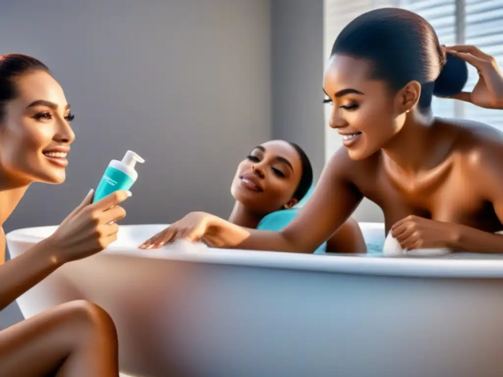 Belleza inclusiva: grupo feliz usando crema depilatoria hipoalergénica Diversidad y confianza al usar cremas depilación hipoalergénicas piel atópica en un baño luminoso y moderno
