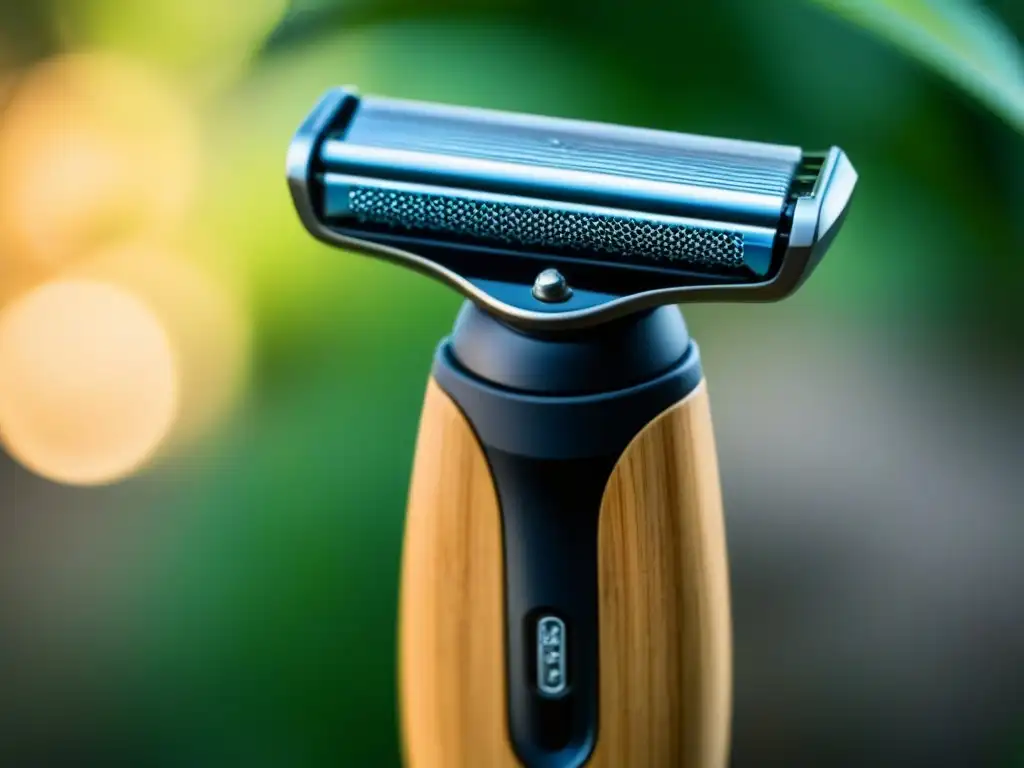 Razor eco-friendly de bamboo y metal reciclado bajo luz natural Razor ecofriendly de bamboo y metal reciclado, con gotas de agua brillantes