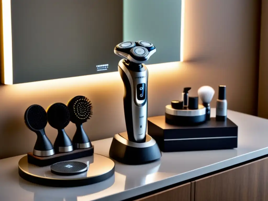 Accesorios modernos para afeitadoras eléctricas: colección variada en mesa minimalista Elegante colección de accesorios modernos para depiladoras eléctricas en una mesa minimalista