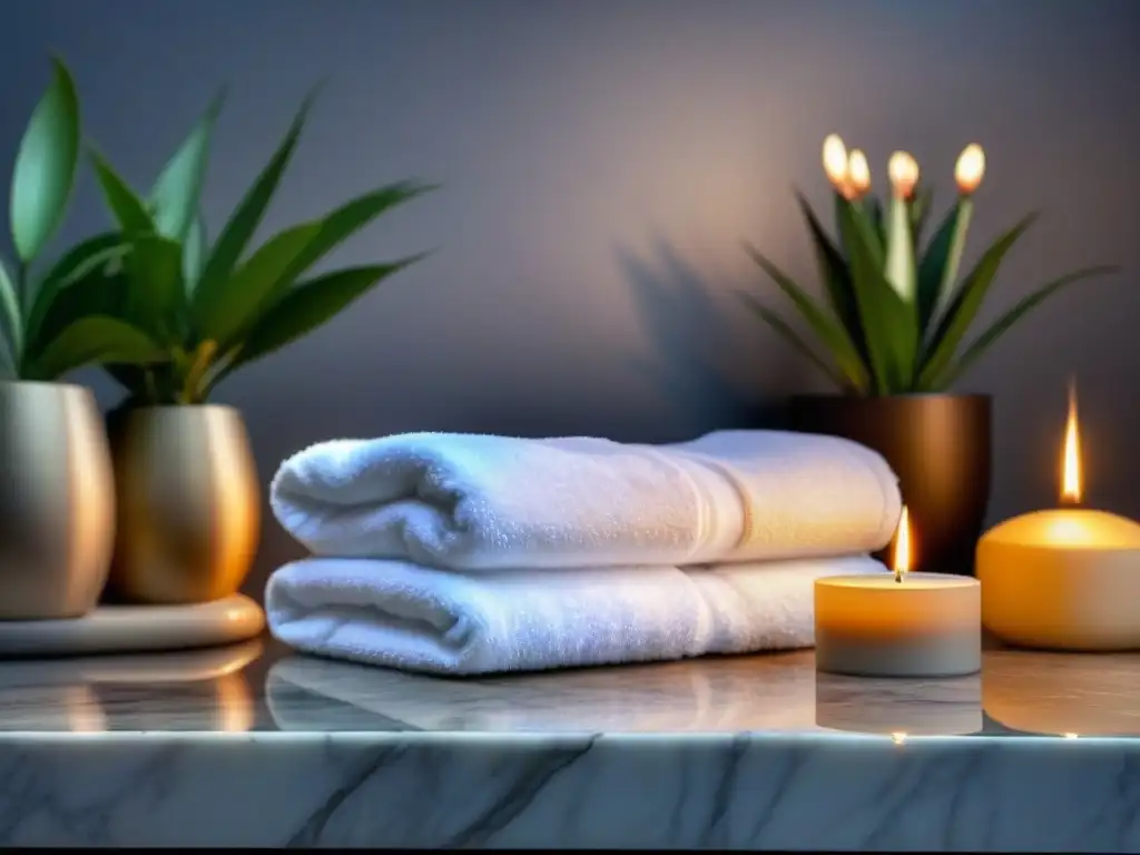 Depiladora de lujo en mármol blanco con spa de fondo Elegante dispositivo de depilación en mármol con velas y toalla blanca