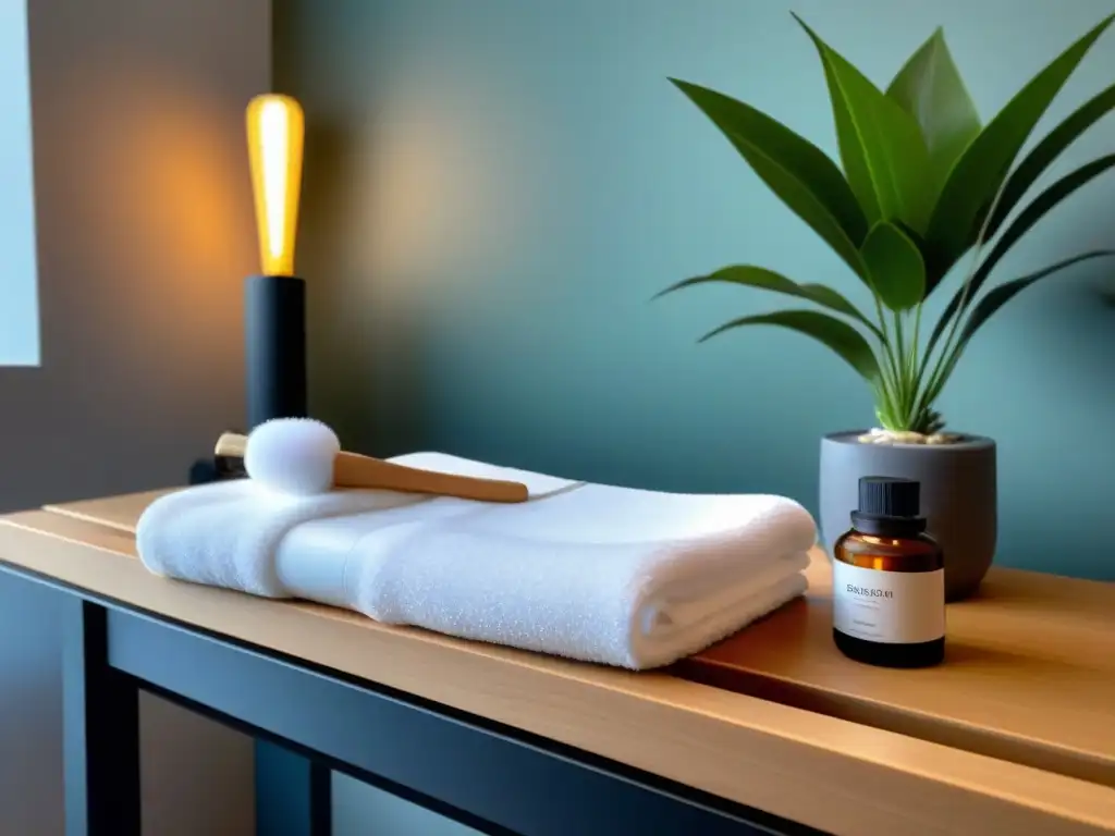 Estación de cera moderna y relajante en spa Un elegante espacio de spa con estación de cera, toallas suaves y esencial difusor de aceites