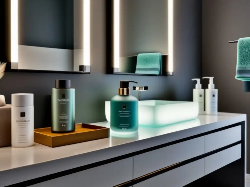 Contador baño moderno con productos depilatorios premium Un elegante mostrador de baño con productos premium para depilación, toallas lujosas y organización impecable