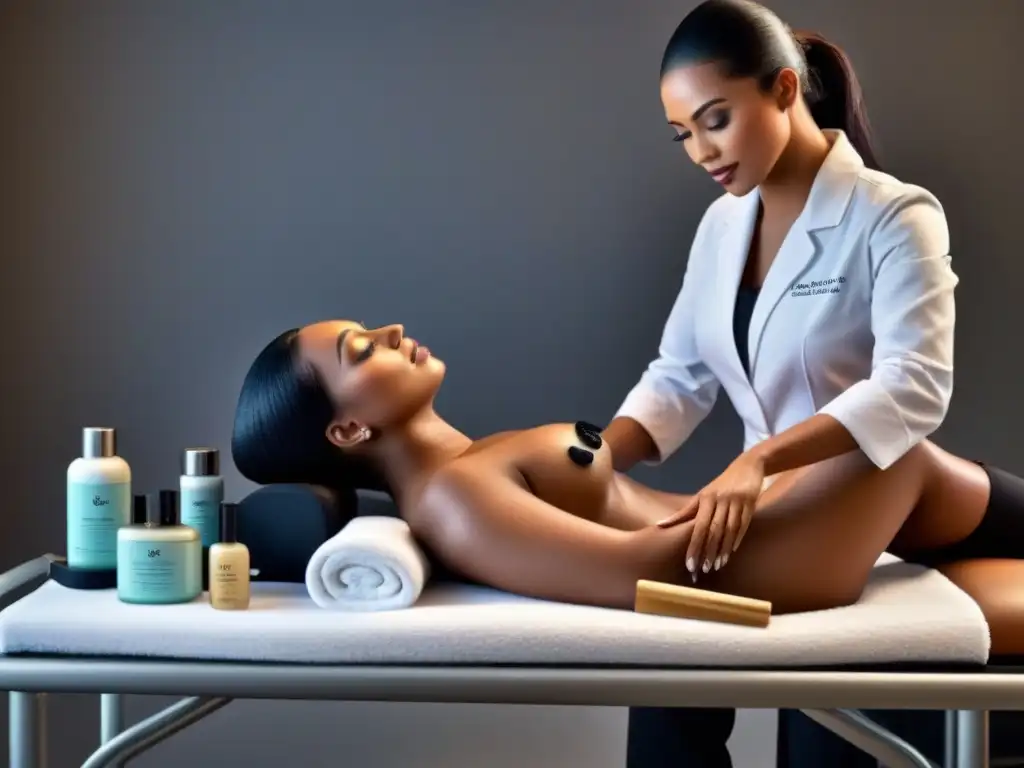 Profesional preparando suministros de cera de alta calidad en spa Un entorno de spa sereno con una esteticista organizando suministros de depilación con cera de alta calidad en un carrito moderno