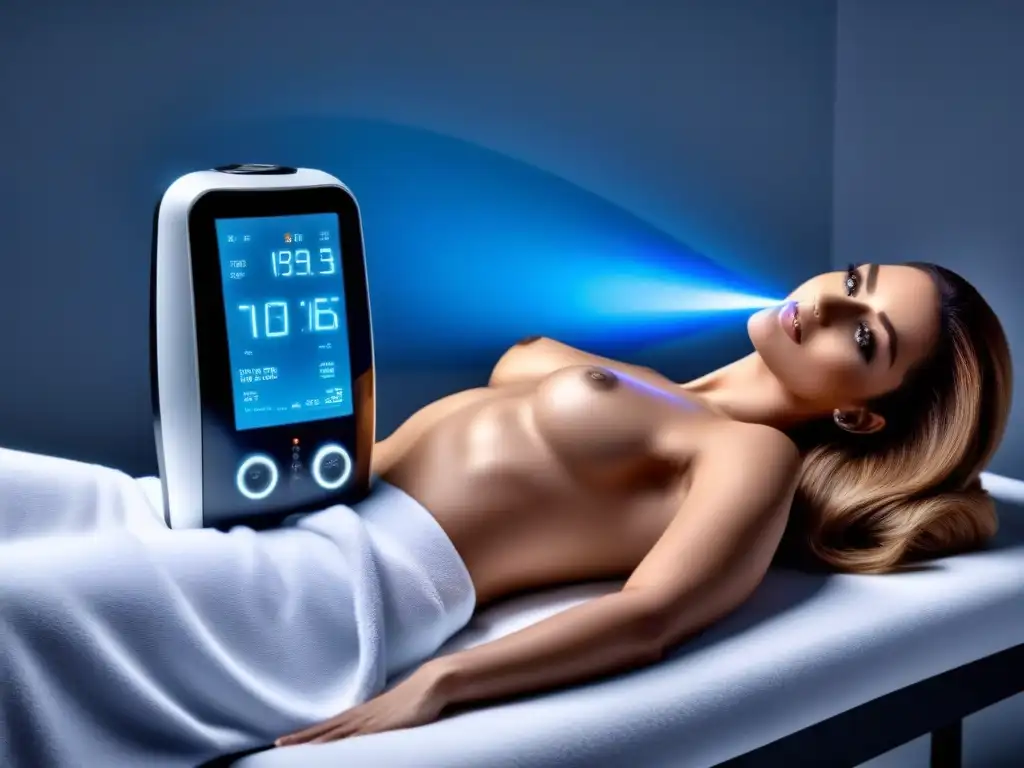 Dispositivo láser de depilación de alta tecnología para spa Equipo de depilación láser futurista emitiendo luz azul en un spa blanco