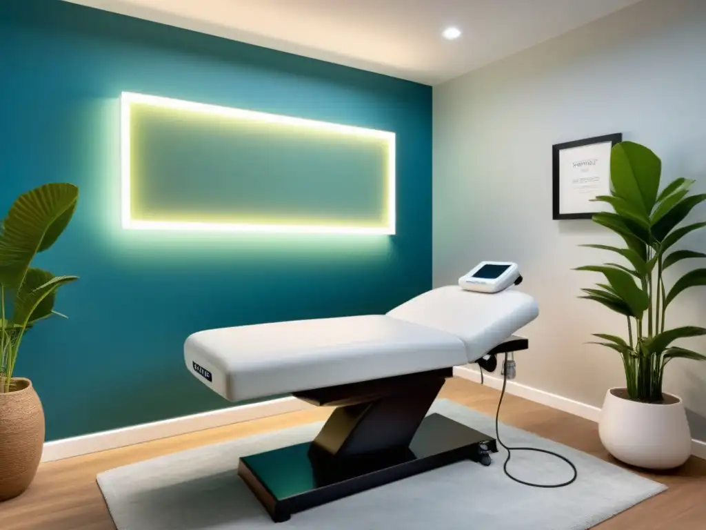 Espacio moderno de electrólisis con ambiente sereno, cama blanca ergonomic, máquina avanzada y paleta de colores calmantes