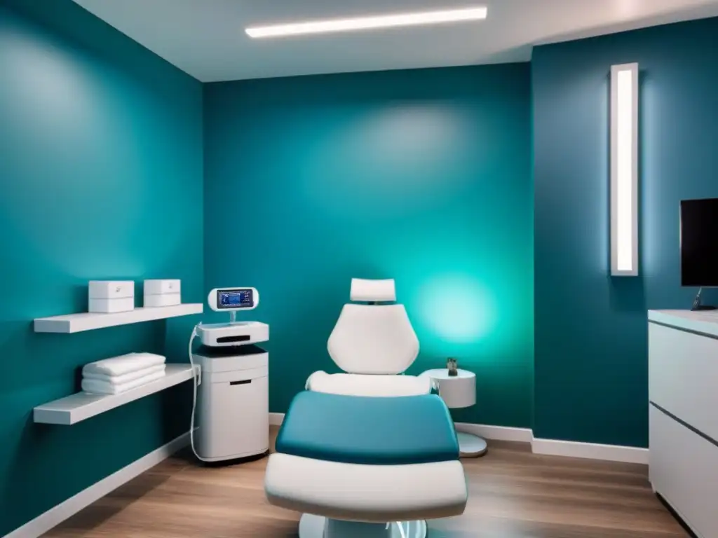 Espacio moderno para primera sesión electrólisis: silla blanca, equipo avanzado y ambiente tranquilo en azules y verdes
