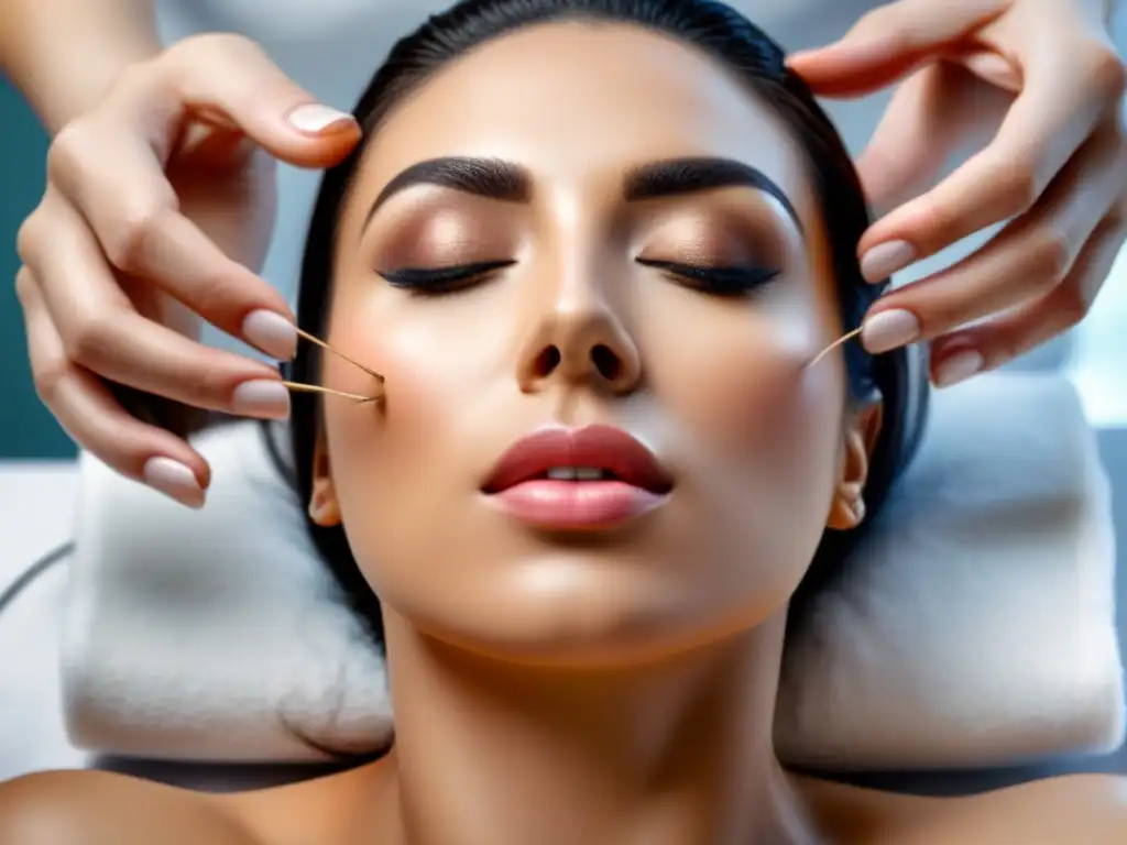Maestría en threading: técnica milenaria para depilación facial Esteticista experta realiza depilación de labio superior con hilo, técnica tradicional