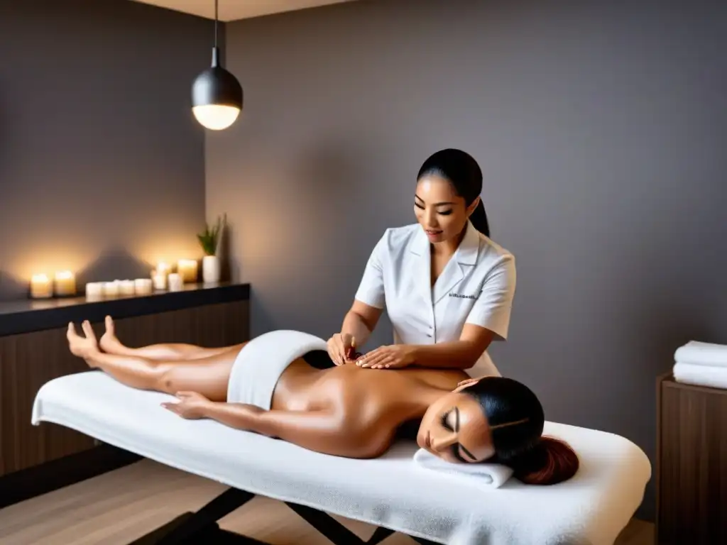 Preparación experta para depilación: imagen de spa relajante Una esteticista aplica cuidadosamente productos predepilatorios en la piel de una cliente en un spa sereno